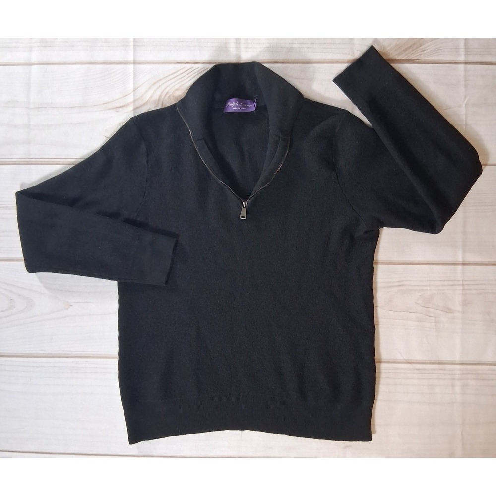 Ralph Lauren Purple Label Womens Sz L Black Merino Wool Cashmere 1/4 Zip Sweater